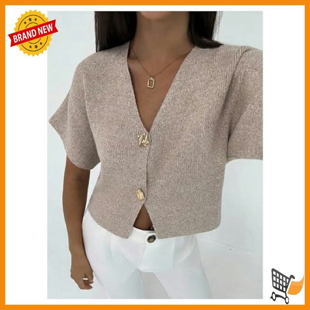 Women's Short Sleeve Cardigan V Neck Button Down Office Sweater - Picture 6 of 6